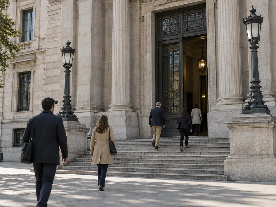 Personas entrando en la sede de un tribunal