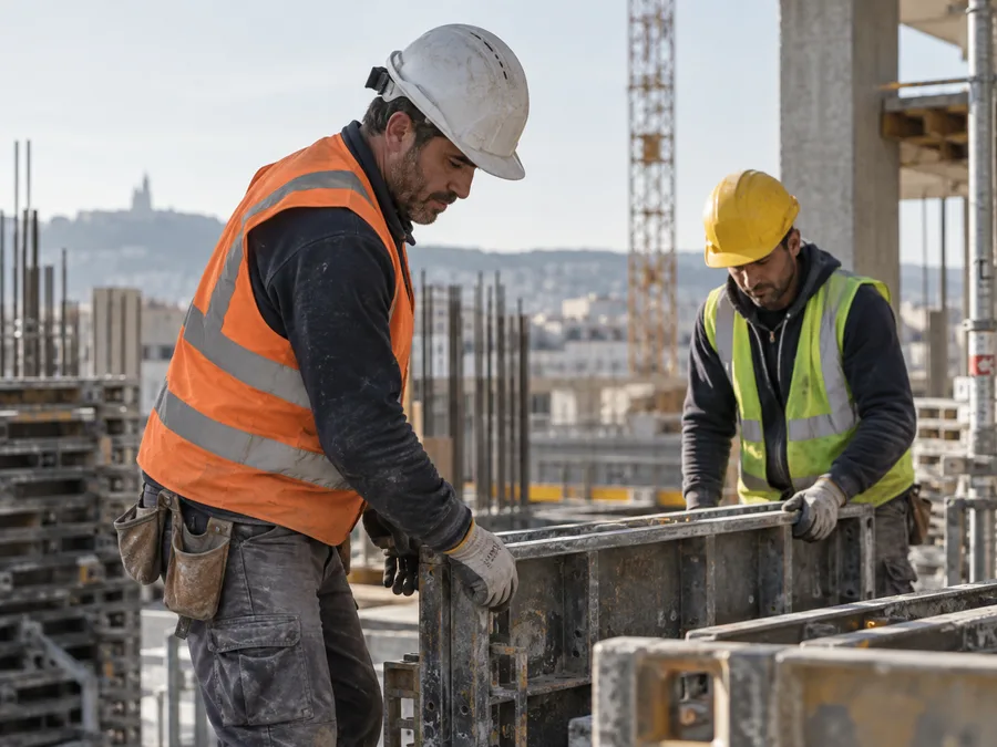 Dos trabajadores conversando en una obra de construcción