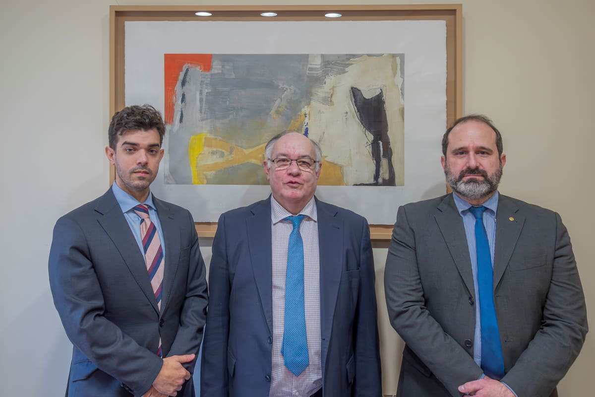 Tres de los abogados del despacho, de pie y con traje, delante de un cuadro abstracto de la sala de reuniones.